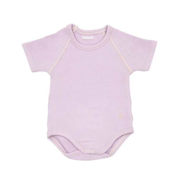 Flexisuit lavender bodysuit displayed on a hanger, showcasing a sleek, fitted design in soft lavender fabric.